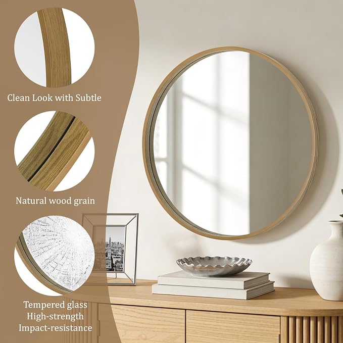 WallBeyond Round Mirror with Wood Frame - Image 5