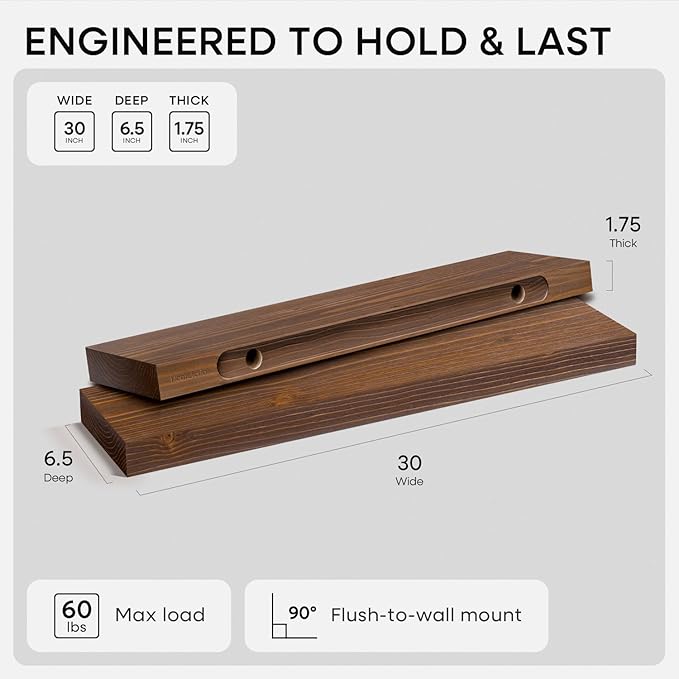 Homeforia Classic Walnut 30 inch Floating Shelf, High End Solid Real Wood Small - Image 2