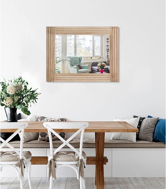Rectangle Mirror Retro Wooden Wall-Mounted Mirrors Farmhouse Bedroom Bathroom - Image 2