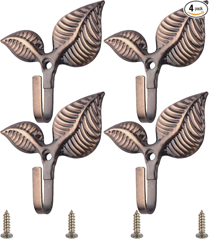 Set of 4 Vintage Leaf Wall Hooks Antique Bronze Coat Hooks Heavy Duty by Unknown