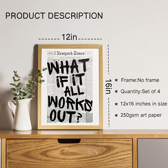 Retro Black And White Newspaper Poster Wall Art, What If It All Works Out Wall - Image 2