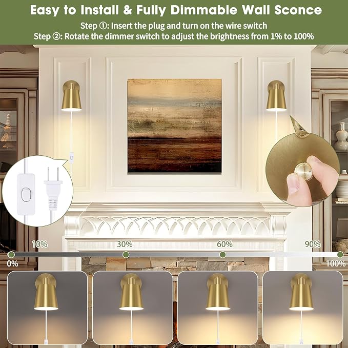 Lomoky Dimmable Wall Sconces Plug in, Adjustable Angle Wall Lamps - Image 3