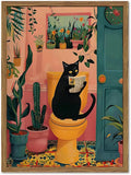 Funny Black Cat Bathroom Wall Art Whimsical Cat Reading Newspaper on Toilet by YYNISPINWallArt