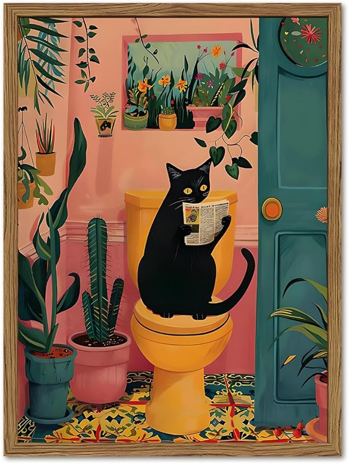 Funny Black Cat Bathroom Wall Art Whimsical Cat Reading Newspaper on Toilet by YYNISPINWallArt