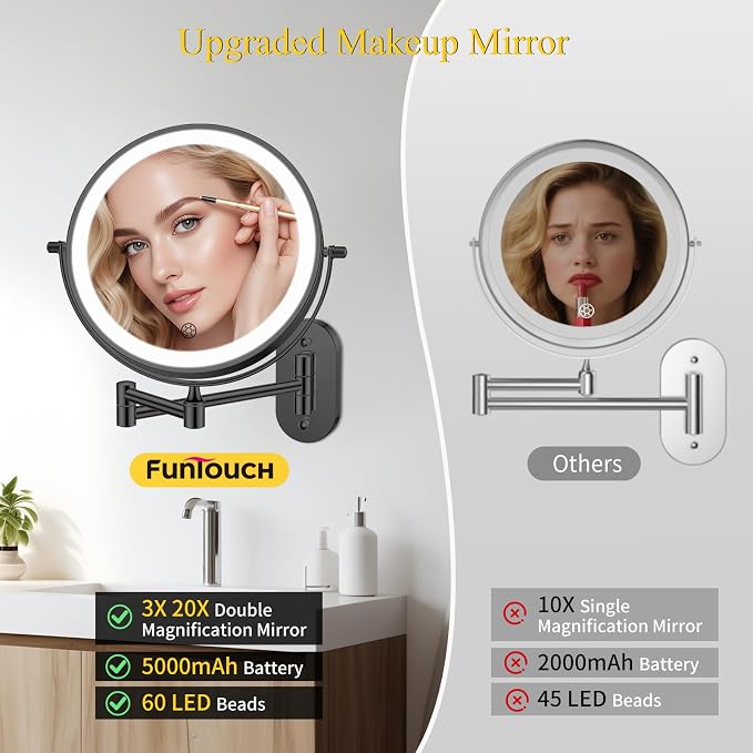 FUNTOUCH 20X/3X Rechargeable Wall Mounted Makeup Vanity Mirror - Image 5