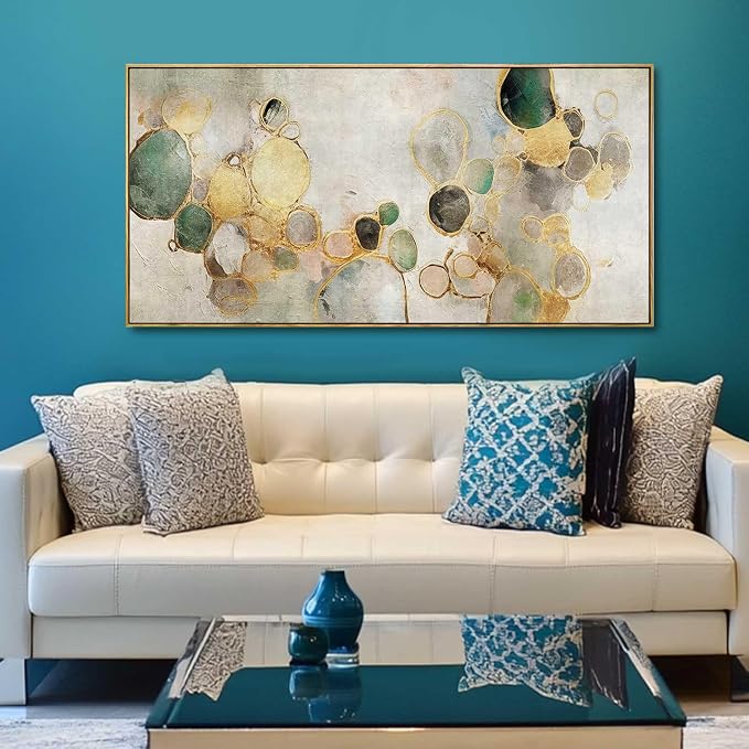 Gold Circle Modern Artwork Framed Abstract Wall Art Green Canvas Decor 24"x48" - Image 2