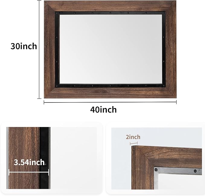 YOSHOOT Rustic Wooden Framed Wall Mirror, Natural Wood and Iron Bathroom Vanity - Image 2
