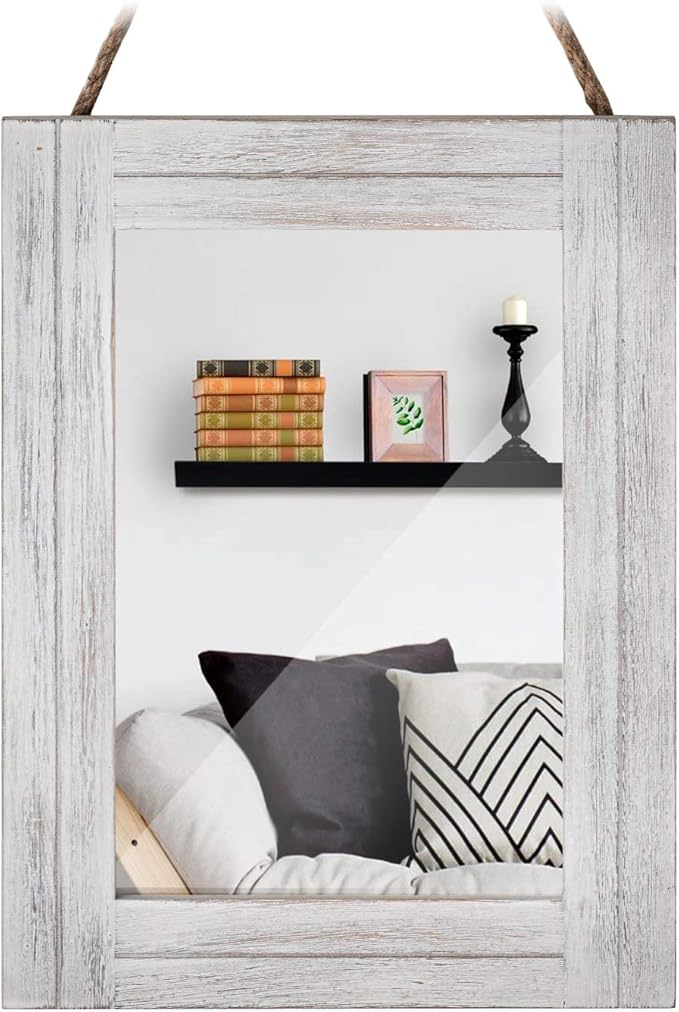 Rectangle Wall Mirror for Bathroom, Distressed White Wood Decor by DECORKEY