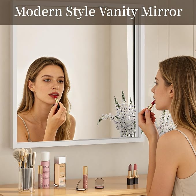 Syndra Square White Wood Frame Bathroom Mirror, Waterproof Slim Deep Frame - Image 4