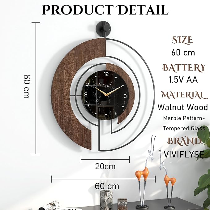 Modern Walnut Marble Dial Wall Clock, Large Wood Metal Frame Silent Non Ticking - Image 2