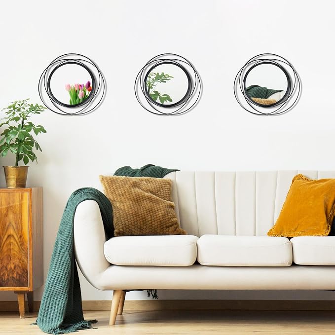 3 Set 9.5 Inch Black Circle Mirrors Wall Decor Iron Frame Wire Mirror Metal - Image 2
