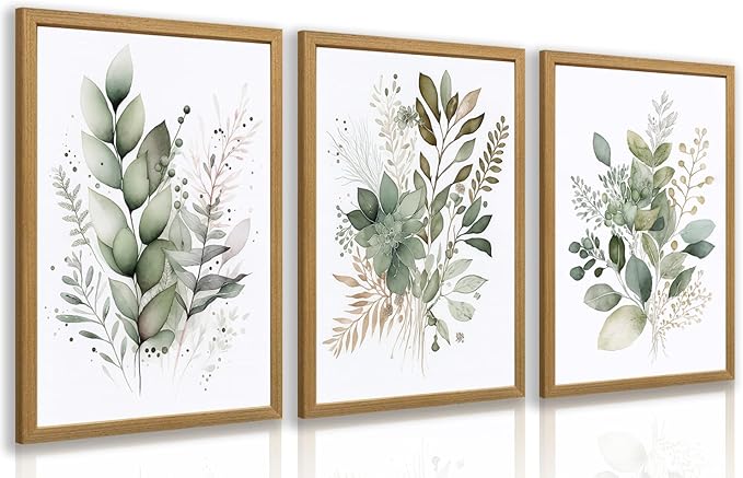 LLEEMPI Sage Green Wall Art Set of 3, Modern Watercolor Botanical Wall Decor by Unknown