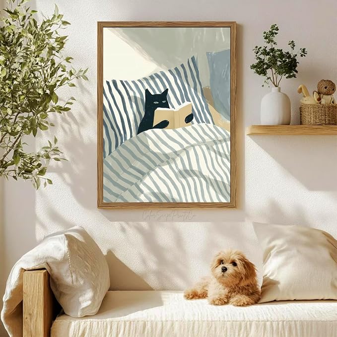 Funny Black Cat Wall Art Painting, Whimsical Cat in Stripe Bed Reading Wall - Image 8