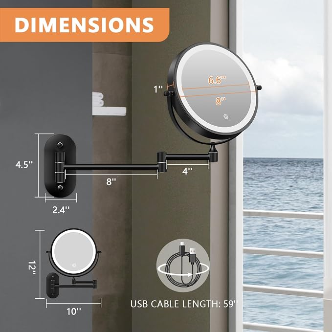 Auxmir 8'' Wall Mounted Lighted Makeup Mirror, 3200mAh Rechargeable - Image 9
