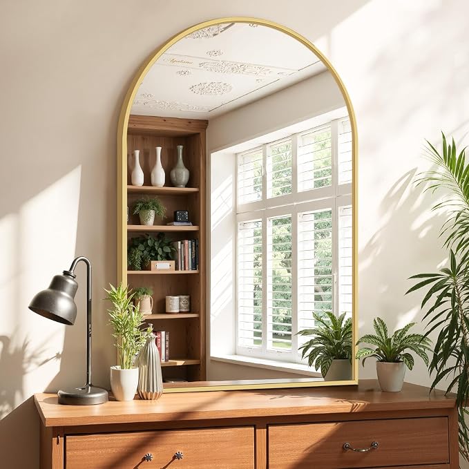 Bathroom Mirror for Wall, 38x26 Inch Arched Mirror, Matte Gold Metal Framed - Image 4