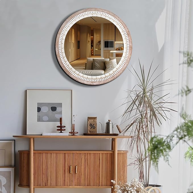 Reflinto 30 Inch Rustic Farmhouse Round Wood Mirror Wall Decor, Boho Circle - Image 5
