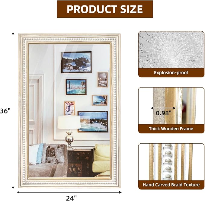 Reflinto 36x24 Inch Rustic Farmhouse Rectangular Wall Mirror, Wooden Rectangle - Image 6