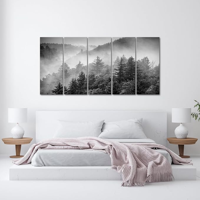 iKNOW FOTO 5-Piece X-Large Canvas Wall Art Set Black and White Misty Forest & - Image 5