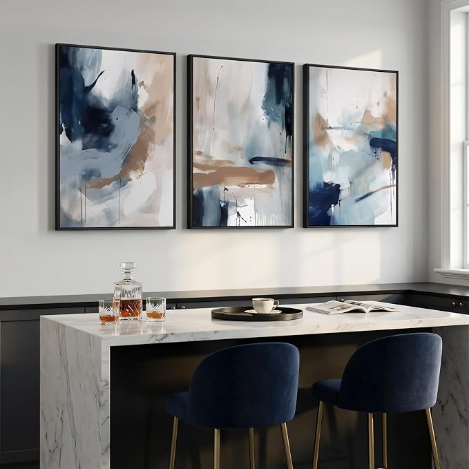Large Framed Blue and Neutral Abstract Wall Art - Image 2