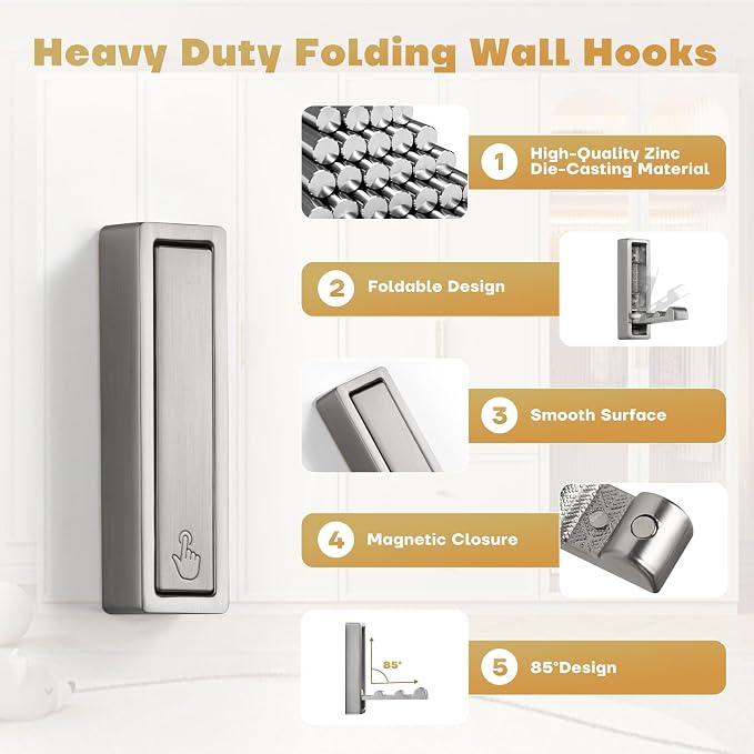 Folding Wall Hook, Heavy Duty Zinc Alloy No Rust Fold Up Hooks - Image 3