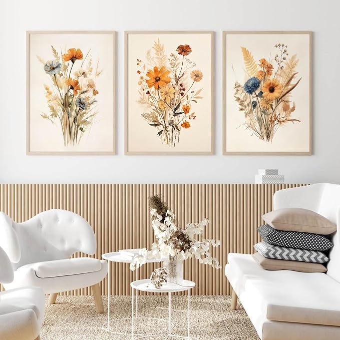 Botanical Floral Wall Art Set of 3 Vintage Wildflower Canvas Wall Decor - Image 3