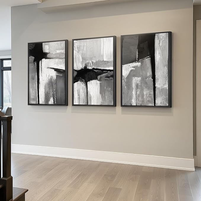Large Framed Black and White Gray Abstract Wall Art, 3 Piece Modern Canvas - Image 2