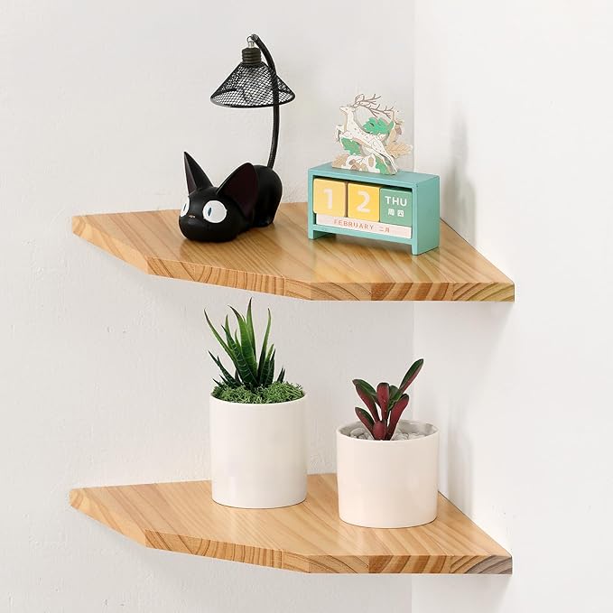 Wood Corner Wall Shelves Set of 2, Solid Wood Corner Floating Shelves, Round by JoiishomMakeLifeBetter