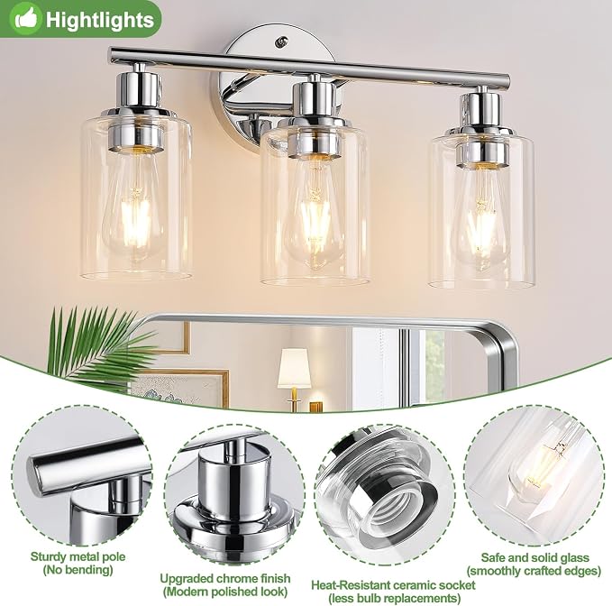 Zarbitta 3-Light Bathroom Light Fixtures, Chrome Bathroom Wall Light - Image 4