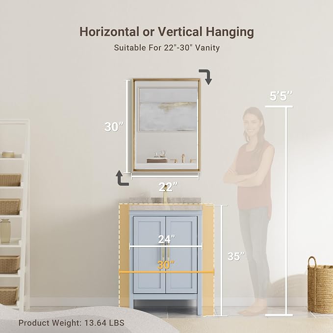 Gold Bathroom Mirror, 22x30 Brushed Gold Bathroom Mirror Beveled Edge, - Image 2
