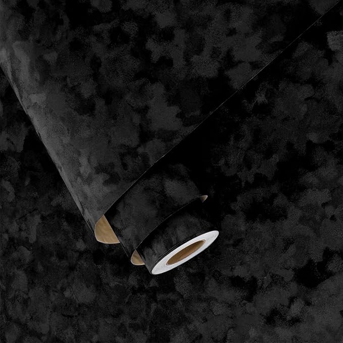 Wallercity Black Floral Velvet Peel and Stick Wallpaper Soft Flocking Fabric by Wallercity