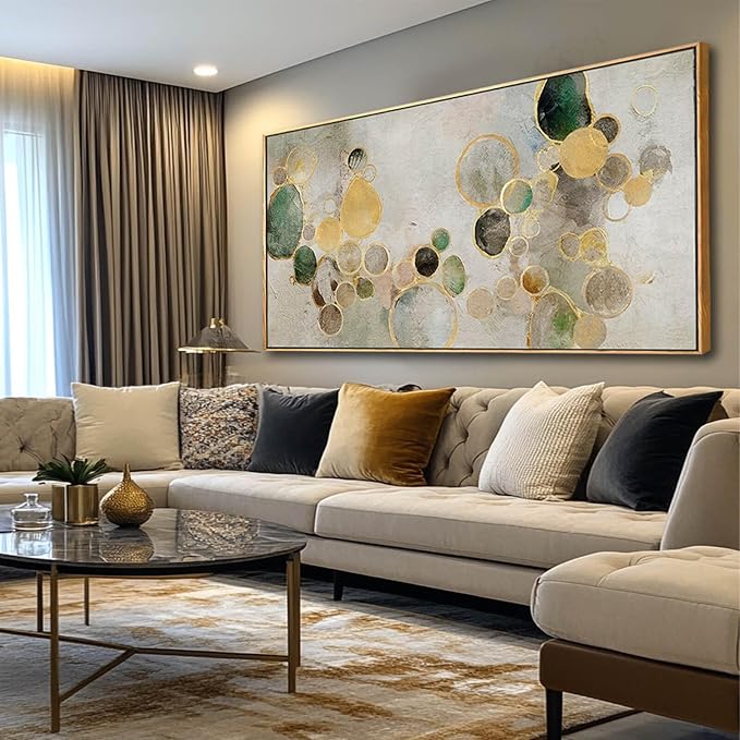 Abstract Canvas Wall Art Gold Circle Painting Green Artwork Framed Wall Prints - Image 2