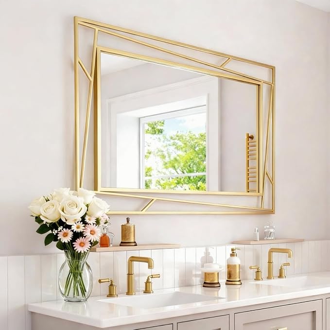 Brushed Gold Bathroom Mirror, Hang Horizontally or Vertically by NXHOME