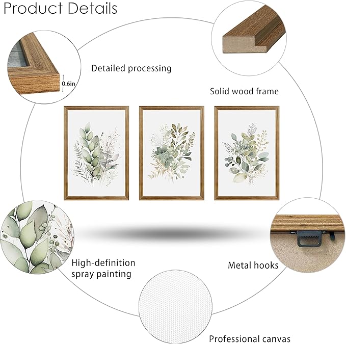 WRFON Framed Sage Green Botanical Wall Art Set of 3, Watercolor Eucalyptus & - Image 6