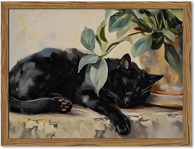 Framed Black Cat Canvas Wall Art, Vintage Sleeping Cat by Unknown