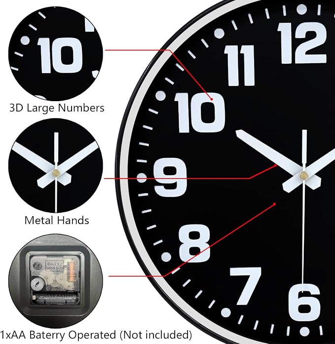 Modern Silent Wall Clock, 12 Inch Non-Ticking Battery Operated Clock, Round - Image 6