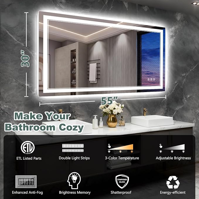55x30 Inch LED Bathroom Mirror - Image 2