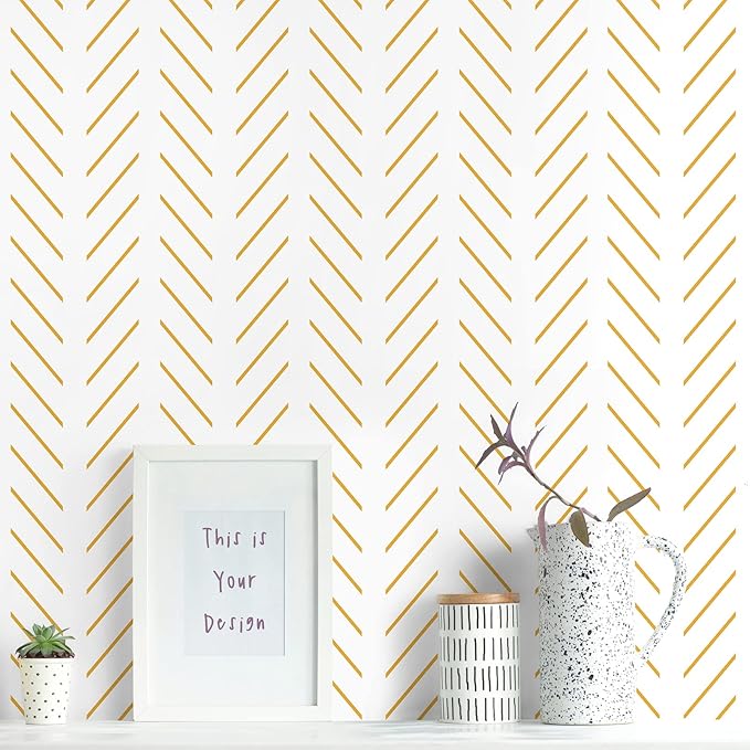 Erfoni Yellow and White Peel and Stick Wallpaper Modern Herringbone Wallpaper by Erfoni