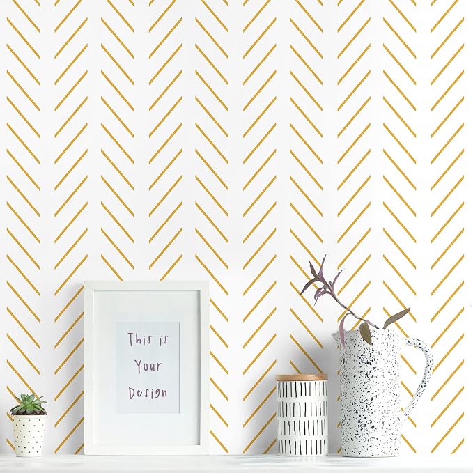 Erfoni Yellow and White Peel and Stick Wallpaper Modern Herringbone Wallpaper by Erfoni
