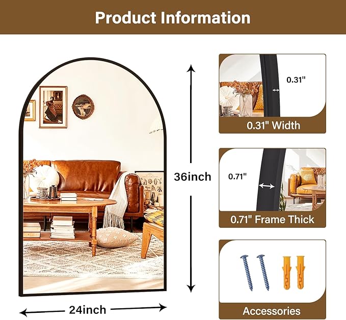 XRAMFY 24"x36" Black Arched Bathroom Mirror - Image 4