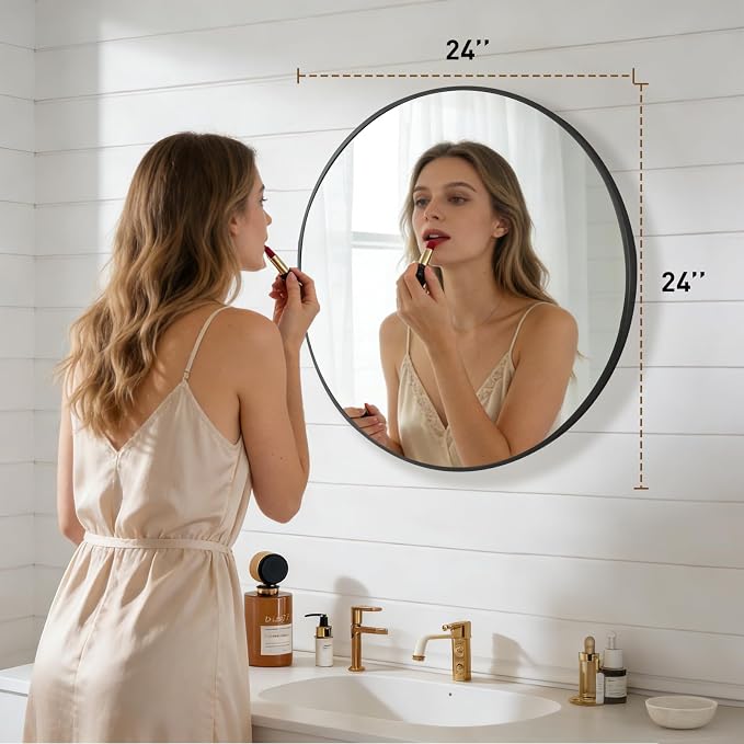 NEWBULIG Round Bathroom Mirror for Over Sink, 24 Inch Wall Mount Vanity Circle - Image 2