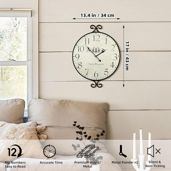 Farmhouse Wall Clock, 17H×13.4D Inch, Wrought Iron Frame - Image 2
