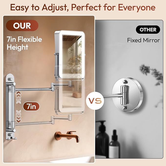 Height Adjustable Wall Mounted Lighted Makeup Mirror - Image 3