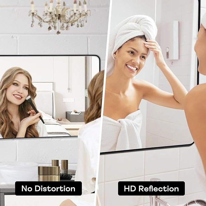 Wall Mount Mirror for Bathroom, Brushed Black Metal Framed Large Rounded Corner - Image 4