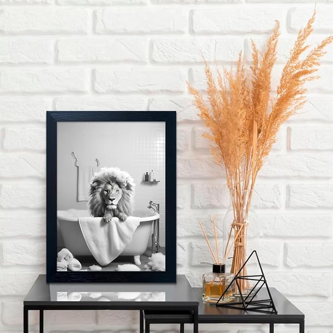 Framed Black and White Animal Bathroom Wall Art Funny Lion in tub Bathroom - Image 6