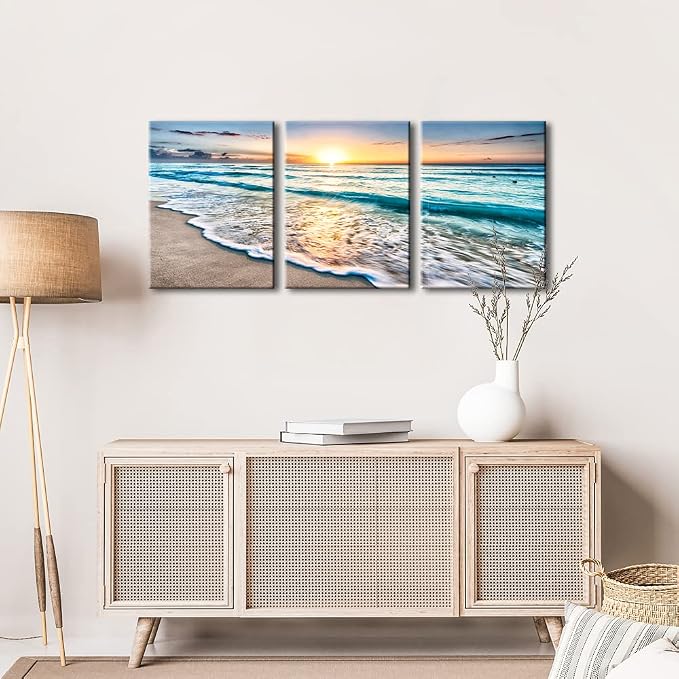 Wieco Art 3 Panel Blue Beach Canvas Wall Art - Image 5