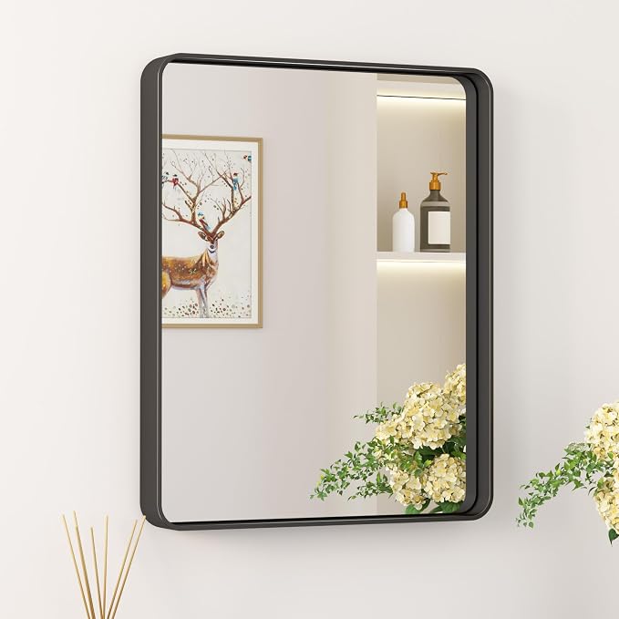 Keonjinn Black Bathroom Mirror for Over Sink, 16 x 20 Inch Rounded Rectangle by Keonjinn