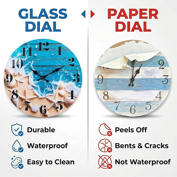Indoor/Outdoor Clocks Waterproof, Glass Rustic Beach Decor Wall Clock - Image 2