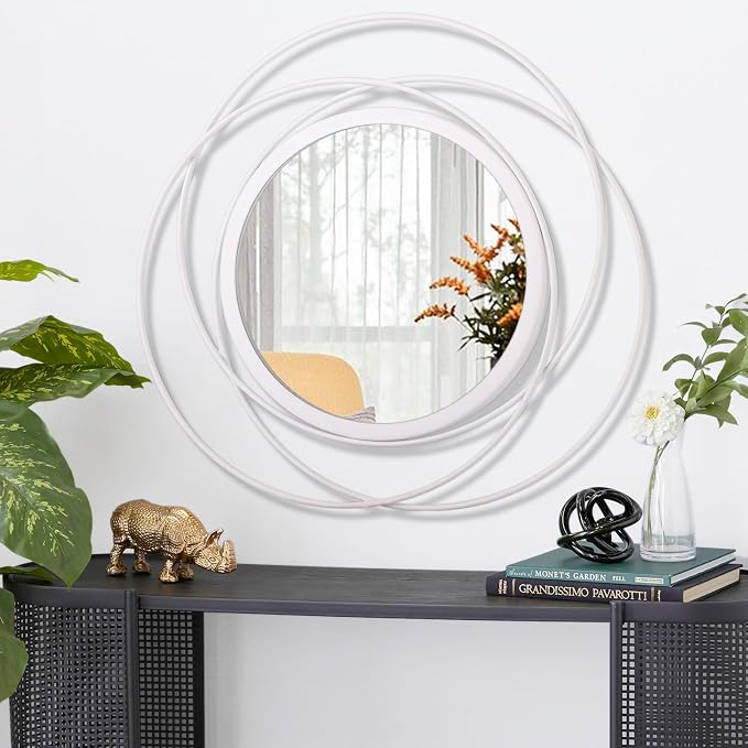 White Round Wall-Mounted Mirrors Wire Modern Metal Frame Arts Mirrors Home - Image 2