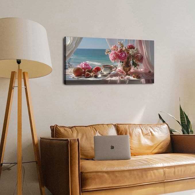 Vintage Pink Flower Wall Art Retro Flowers in Golden Vase Pictures Blue Ocean - Image 6