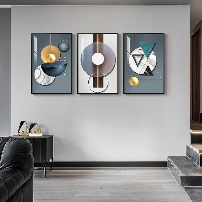 Large Framed Modern Luxury Abstract Wall Art, 3 Piece Blue-Green Prints - Image 4